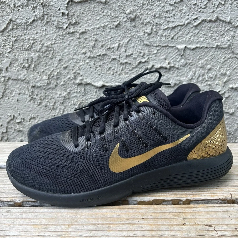 Nike Shoes Men Size 12 Lunarglide 8 LE 878706-007 Black Gold Running Sneakers